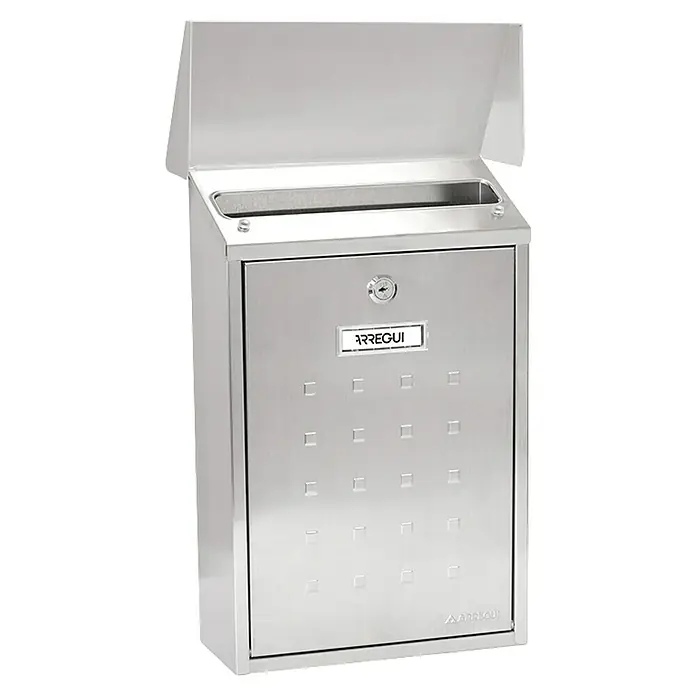 Arregui Premium Buzón de pared E-5607 - L x An x Al: 25 x 10 x 40 cm, Plateado, Acero - Un buzón plateado Arregui con tapa abatible y detalles cuadrados, ideal para la entrega segura del correo y un diseño elegante.