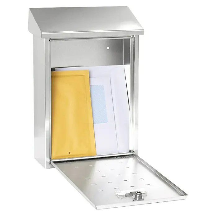 Arregui Premium Buzón de pared E-5607 - L x An x Al: 25 x 10 x 40 cm, Plateado, Acero - Un buzón plateado con la puerta abierta, revelando cartas y un sobre acolchado en el interior. Ideal para la entrega y el almacenamiento seguros del correo.