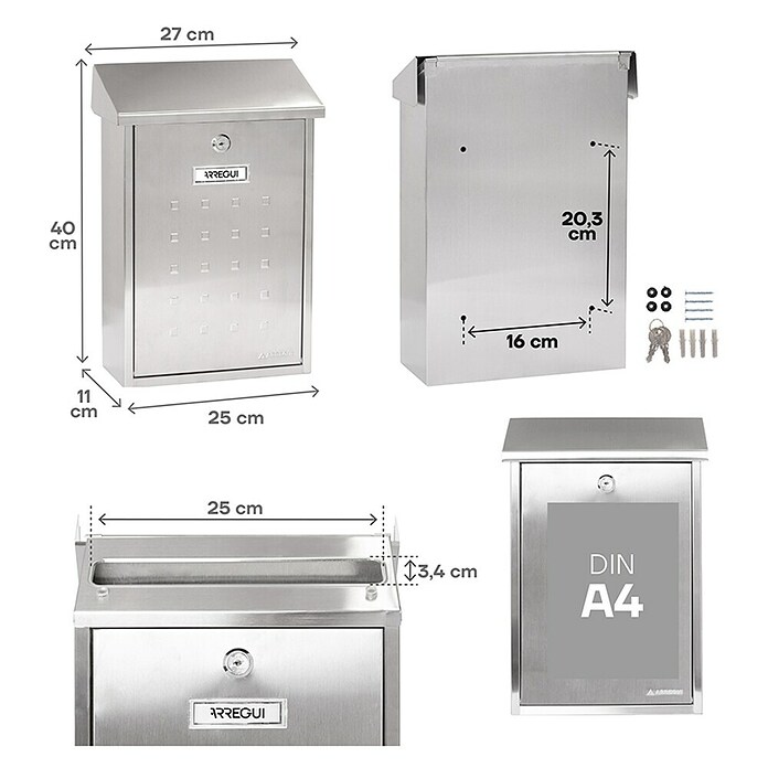 Arregui Premium Buzón de correo E-5607 (Chapa de acero, L x An x Al: 25 x 10 x 40 cm, Plateado)