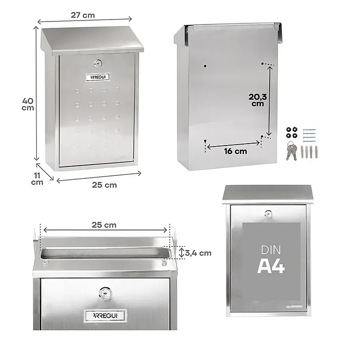 Arregui Premium Buzón de pared E-5607 - L x An x Al: 25 x 10 x 40 cm, Plateado, Acero - Imagen del producto de un buzón moderno de acero inoxidable con dimensiones y accesorios para montaje en pared.