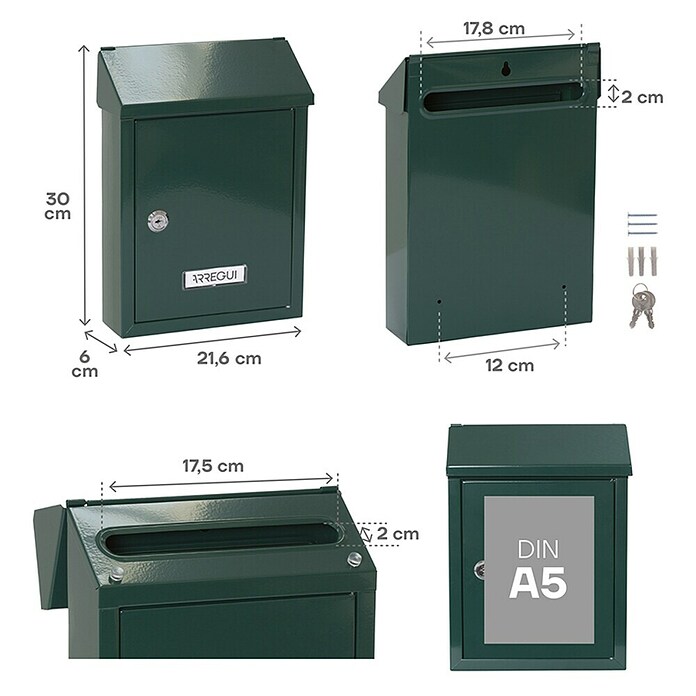 Arregui Smart Buzón de correo E-5723 (Chapa de acero, L x An x Al: 21,6 x 8 x 30 cm, Verde)