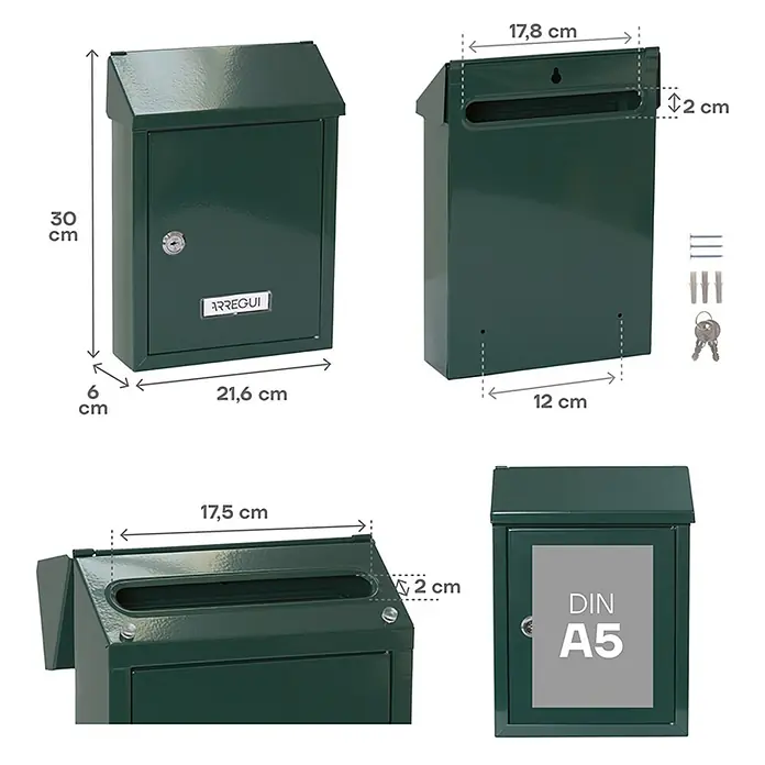 Arregui Smart Buzón de pared E-572 - L x An x Al: 21,6 x 8 x 30 cm, Verde - Imagen de un buzón ARREGUI en verde con medidas de altura, anchura y profundidad.