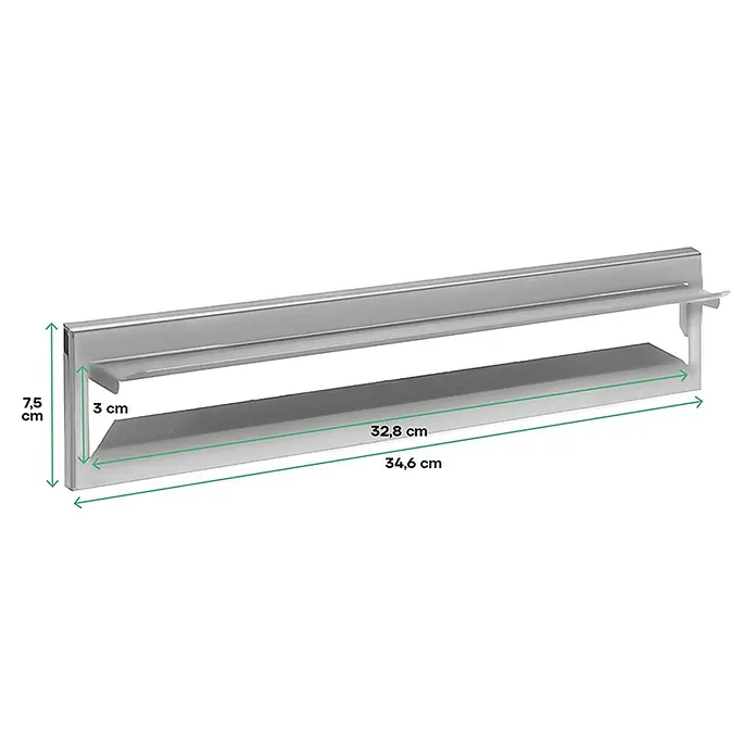 Arregui Bocacartas C-611 - L x An x Al: 34,2 x 7,3 x 2 cm, Acero inoxidable, Acero inoxidable - Imagen de un soporte plateado con dimensiones (7,5 cm de altura, 3 cm de profundidad, 32,8 cm y 34,6 cm de longitud).