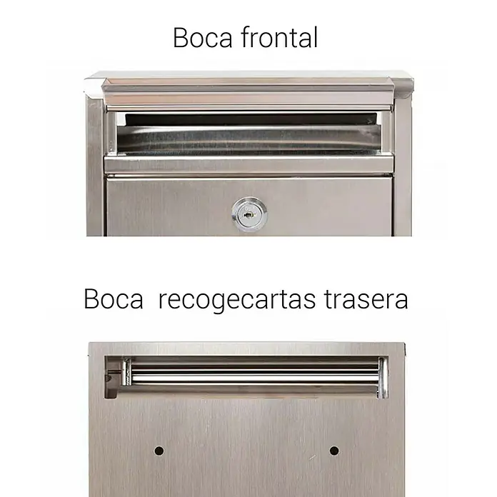 Arregui Buzón de pared Zaguán - L x An x Al: 8 x 22 x 32 cm, Plateado, Acero inoxidable - Imagen de un buzón moderno de acero inoxidable que muestra el acceso frontal y trasero, destacando funcionalidad y diseño.