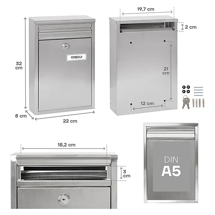 Arregui Buzón de pared Zaguán - L x An x Al: 8 x 22 x 32 cm, Plateado, Acero inoxidable - Vista detallada de un buzón Arregui con las dimensiones de su tamaño, incluyendo accesorios como llaves y accesorios de montaje.