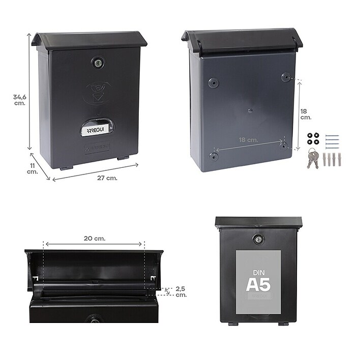 Arregui Classic Buzón de correo E-1074 (Plástico, L x An x Al: 27 x 11 x 34,6 cm, Negro)
