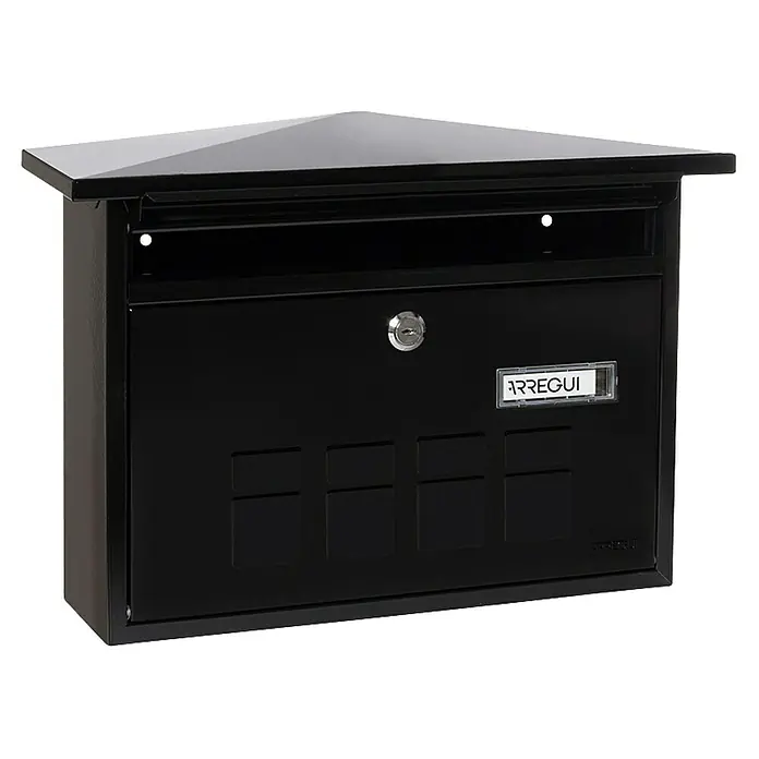Arregui Buzón de pared Deco - L x An x Al: 10 x 41 x 27,5 cm, Negro, Acero inoxidable - Buzón de acero Arregui negro con cerradura de seguridad y placa para el nombre para una fácil identificación. Ideal para hogares y negocios.
