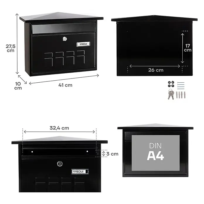 Arregui Buzón de pared Deco - L x An x Al: 10 x 41 x 27,5 cm, Negro, Acero inoxidable - Imagen de un buzón Arregui negro con dimensiones, accesorios y una indicación del tamaño DIN A4 para el tamaño de la ranura para cartas.
