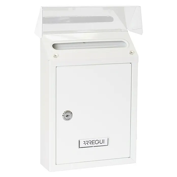 Arregui Smart Buzón de pared E-572 - L x An x Al: 21,6 x 8 x 30 cm, Blanco - Imagen de un buzón Arregui blanco con tapa abatible y cerradura, ideal para la recepción segura de correo y pequeños paquetes.