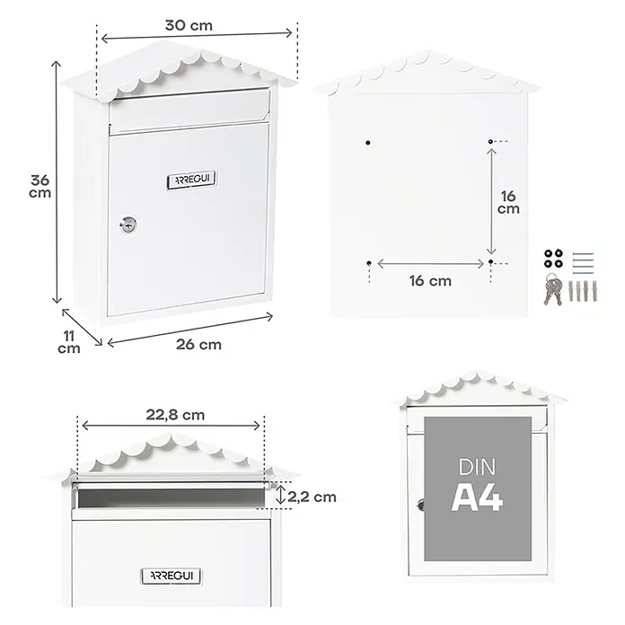 Arregui Visit Buzón de pared E-574 - L x An x Al: 9 x 26 x 36 cm, Blanco, Acero inoxidable - Dimensiones del buzón blanco Arregui con tejado, apto para documentos DIN A4, incluye material de montaje y llaves.