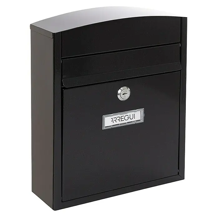 Arregui Compact Buzón de pared E-573 - L x An x Al: 24 x 9,5 x 28,5 cm, Negro, Acero inoxidable - Imagen de un buzón negro Arregui, que muestra su diseño elegante y funcional para la entrega segura del correo.