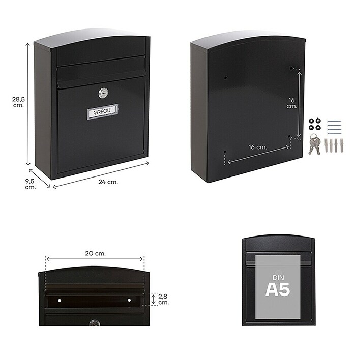 Arregui Compact Buzón de correo E-5734 (Chapa de acero, L x An x Al: 24 x 9,5 x 28,5 cm, Negro)