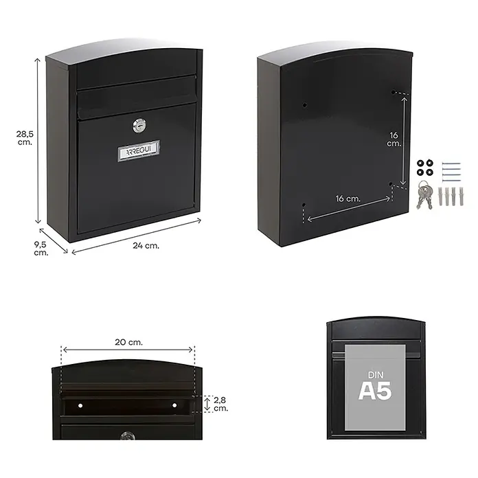 Arregui Compact Buzón de pared E-573 - L x An x Al: 24 x 9,5 x 28,5 cm, Negro, Acero inoxidable - Buzón negro Arregui con medidas y accesorios de montaje para pared exterior.