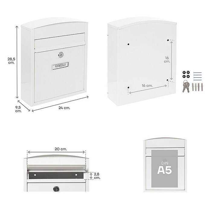 Arregui Compact Buzón de correo E-5737 (Chapa de acero, L x An x Al: 24 x 9,5 x 28,5 cm, Blanco)