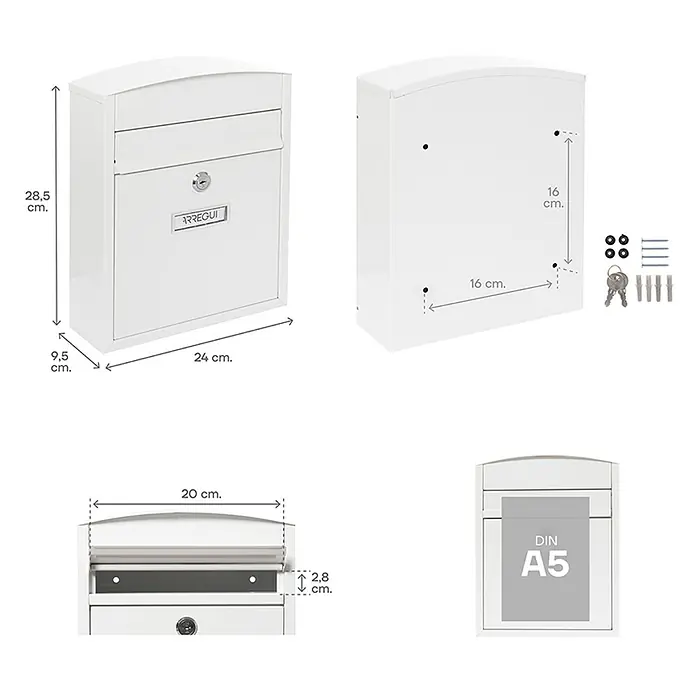 Arregui Compact Buzón de pared E-573 - L x An x Al: 24 x 9,5 x 28,5 cm, Blanco, Acero inoxidable - Vista detallada del buzón Arregui, con dimensiones de 28,5 x 24 x 9,5 cm y apto para formatos DIN A5, incluyendo accesorios.