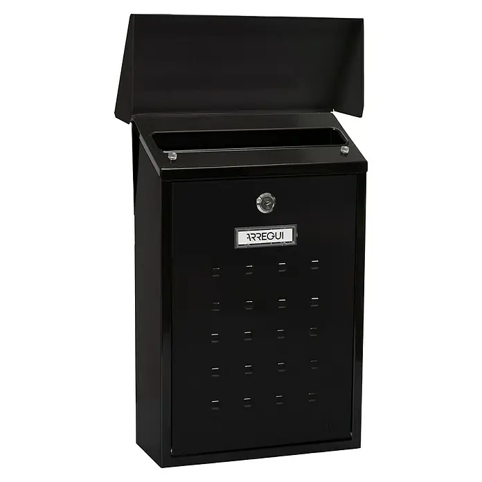 Arregui Premium Buzón de pared E-5604 - L x An x Al: 25 x 10 x 40 cm, Negro, Acero - La imagen muestra un buzón Arregui negro. El buzón tiene un diseño moderno y una construcción duradera.
