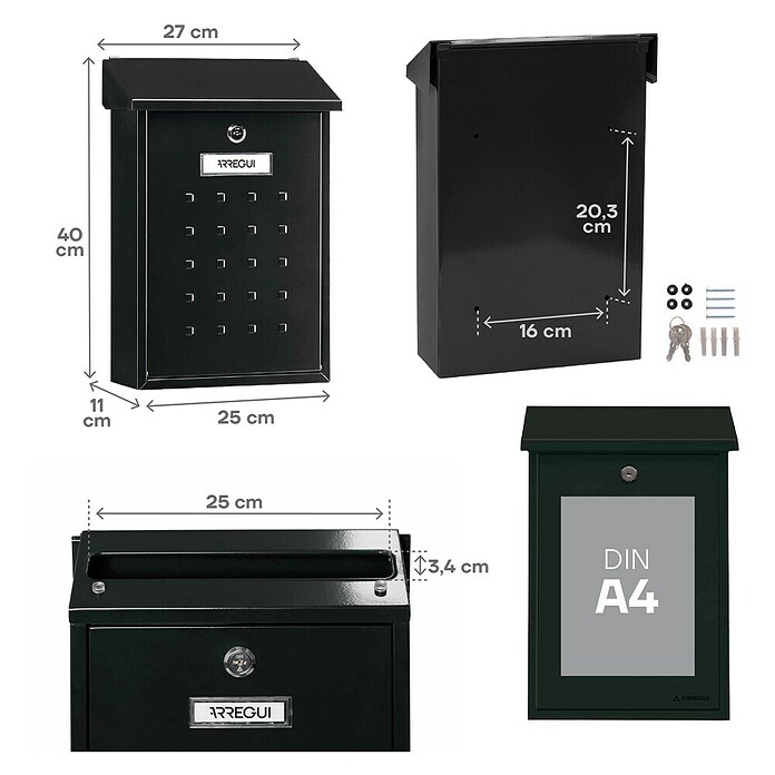 Arregui Premium Buzón de correo E-5604 (Chapa de acero, L x An x Al: 25 x 10 x 40 cm, Negro)