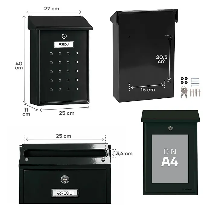 Arregui Premium Buzón de pared E-5604 - L x An x Al: 25 x 10 x 40 cm, Negro, Acero - Imagen con las dimensiones de un buzón negro con compartimento para periódicos y accesorios de montaje, apto para formatos A4.