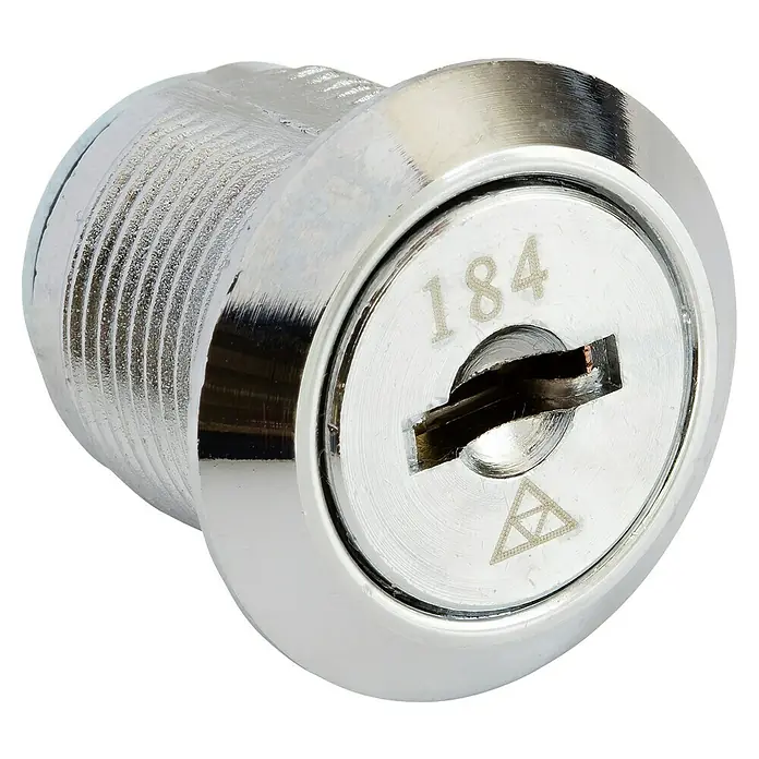 Arregui Cilindro de recambio CER1004 - Apto para: Botiquines de primeros auxilios para el exterior - Primer plano de un bombín con el número 184 y un ojo de cerradura. La cerradura está hecha de metal brillante.