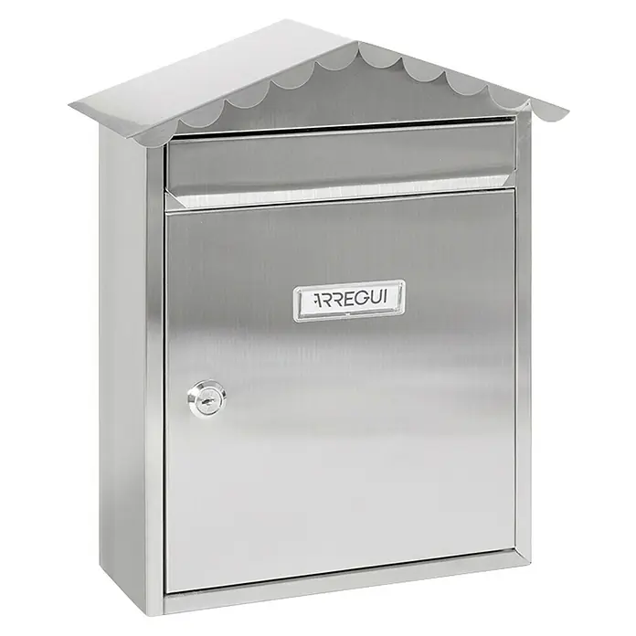 Arregui Visit Buzón de pared E-574 - L x An x Al: 30 x 11 x 36 cm, Plateado, Acero inoxidable - Un buzón Arregui plateado moderno con techo y cerradura, perfecto para el almacenamiento seguro de correo en exteriores.