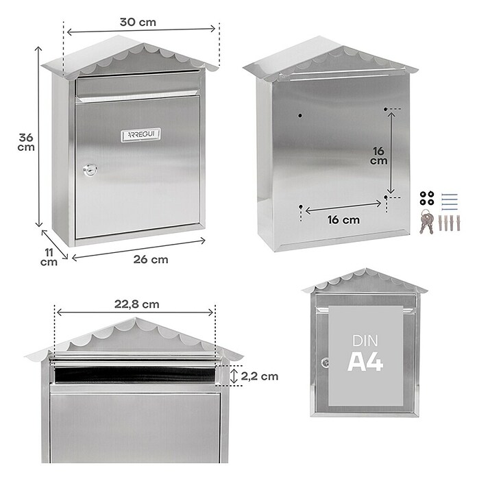 Arregui Visit Buzón de correo E-5747 (Acero inoxidable, L x An x Al: 30 x 11 x 36 cm, Plateado)