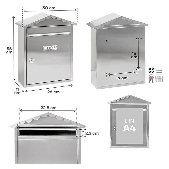 Arregui Visit Buzón de pared E-574 - L x An x Al: 30 x 11 x 36 cm, Plateado, Acero inoxidable - Vistas de un buzón ARREGUI con dimensiones, fabricado en acero inoxidable de alta calidad y con un diseño elegante.