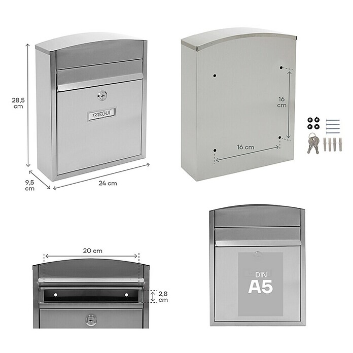 Arregui Compact Buzón de correo E-5737 (Acero inoxidable, L x An x Al: 24 x 9,5 x 28,5 cm, Plateado)