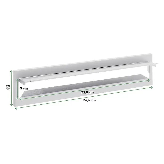 Arregui Bocacartas C-613 - L x An x Al: 34,2 x 7,3 x 2 cm, Acero, Blanco - Un primer plano de una barra de cocina blanca con dimensiones de 7,5 cm de altura, 3 cm de profundidad, 32,8 cm de longitud interior y 34,6 cm de longitud exterior.