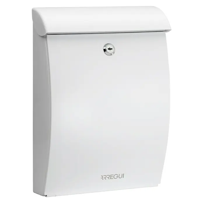 Arregui Mininova Buzón de pared E-53 - L x An x Al: 24,3 x 10 x 35 cm, Blanco, Plástico - Imagen de un buzón blanco Arregui con llave. Ideal para recibir correo y paquetes de forma segura en tu puerta.