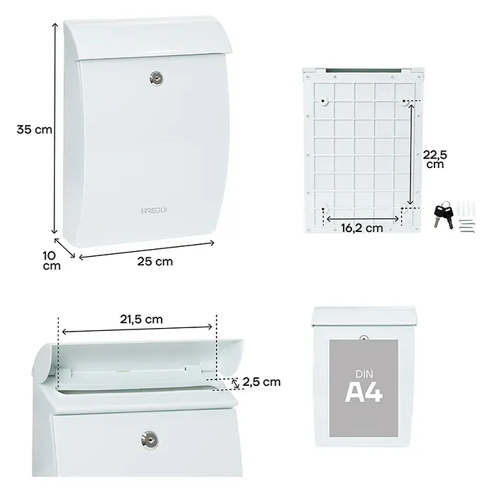 Arregui Mininova Buzón de pared E-53 - L x An x Al: 24,3 x 10 x 35 cm, Blanco, Plástico - Imágenes del producto de un buzón blanco con dimensiones para el tamaño, la profundidad y las especificaciones de montaje.