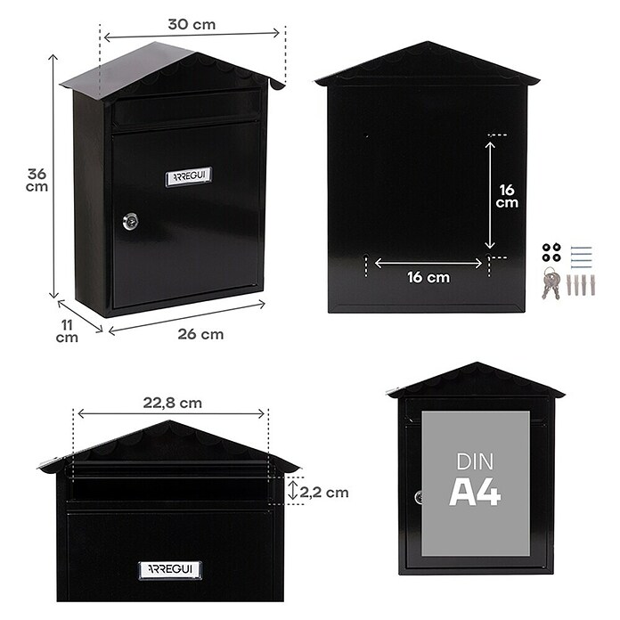 Arregui Visit Buzón de correo E-5744 (Chapa de acero, L x An x Al: 9 x 26 x 36 cm, Negro)