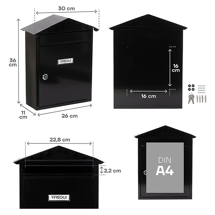 Arregui Visit Buzón de pared E-574 - L x An x Al: 9 x 26 x 36 cm, Negro, Acero inoxidable - Imagen de un buzón negro con dimensiones que indican su tamaño y forma, incluidos accesorios como llaves y tornillos.