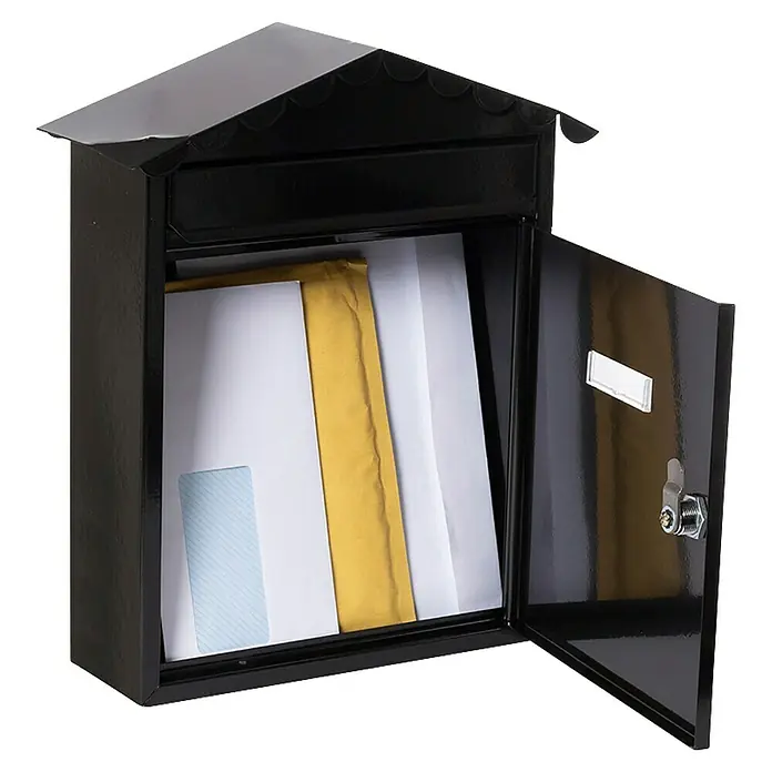 Arregui Visit Buzón de pared E-574 - L x An x Al: 9 x 26 x 36 cm, Negro, Acero inoxidable - Buzón negro con puerta abierta lleno de cartas, ideal para la entrega segura de correo y decoración elegante del hogar.