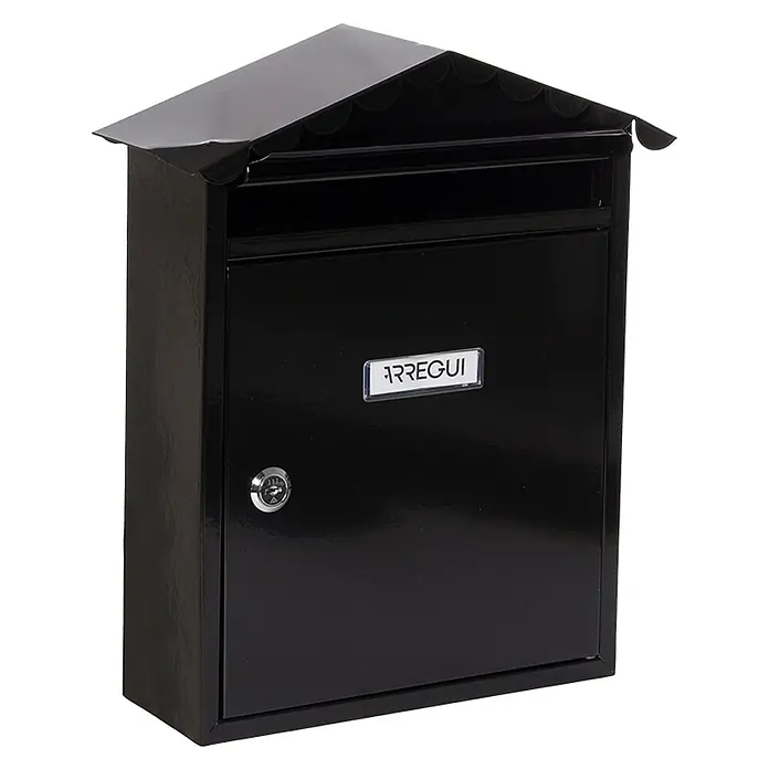 Arregui Visit Buzón de pared E-574 - L x An x Al: 9 x 26 x 36 cm, Negro, Acero inoxidable - Un elegante buzón negro Arregui con un techo elegante y una cerradura segura, perfecto para guardar su correo de forma segura.