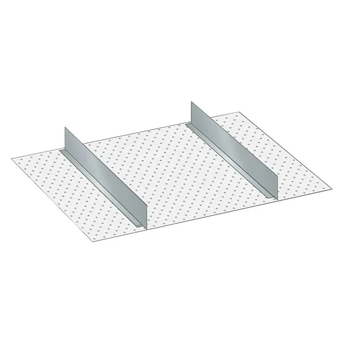 Lista Schubladeneinsatz - Passend für: Lista Schubladen 18x27E, Höhe: 175 mm - Produktansicht einer perforierten Platte mit zwei stabilisierenden Metallstreifen. Ideal für Konstruktion und Design.