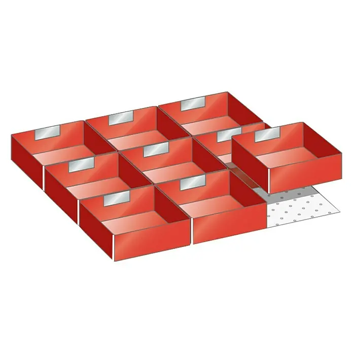 Lista Schubladeneinsatz - 9 -tlg., Höhe: 71 mm - Rote Schubladenboxen bieten praktischen Stauraum. Eine Box ist teilweise herausgezogen und gibt den Blick auf eine perforierte Oberfläche frei.
