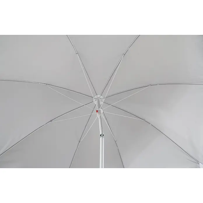 Sunfun Balkonschirm rund Provence II - Lichtgrau, Durchmesser Bespannung: 200 cm - Ansicht von unten eines weißen Sonnenschirms mit Speichen und Mittelstange. Ideal für den Strand oder den Garten, um Schatten zu spenden.