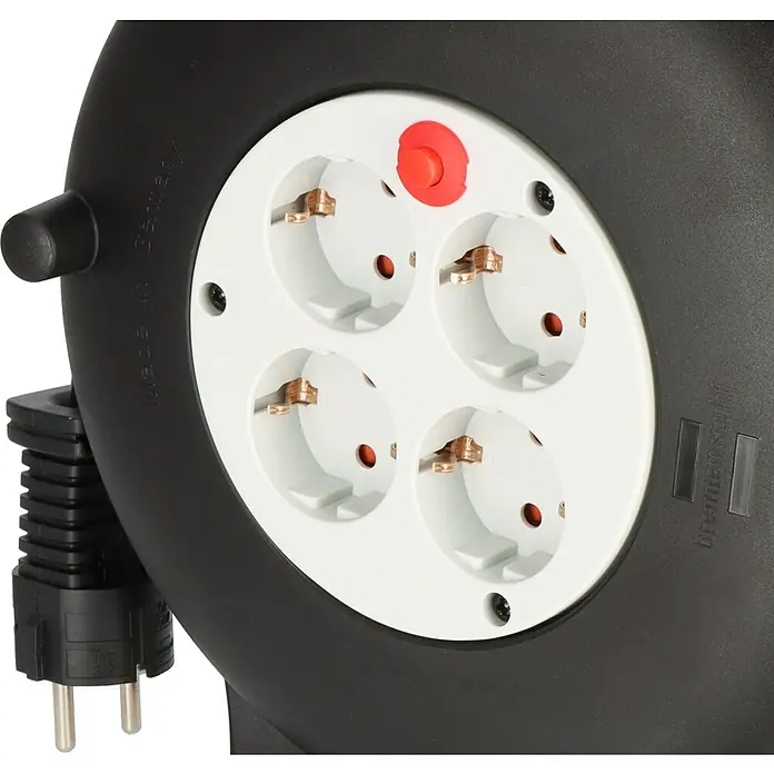 Brennenstuhl Kabeltrommel Vario Line VL2-X - Kunststoff, 10 m, H05VV-F, IP20 - Steckdosenleiste mit vier Steckplätzen, rotem Knopf und schwarzem Kabel für den Innenbereich.