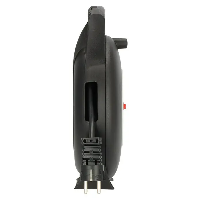 Brennenstuhl Kabeltrommel Vario Line VL2-X - Kunststoff, 10 m, H05VV-F, IP20 - Eine Nahaufnahme einer schwarzen Kabeltrommel mit einem Stecker, der aus der Trommel herausragt. Die Kabeltrommel ist für den Innenbereich gedacht.