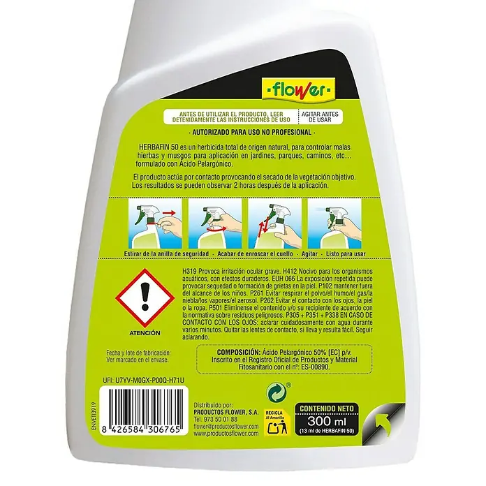 Flower Herbicida Total Sistemático - 300 ml - Primer plano de una botella de HERBAFIN 50, un herbicida total natural para el control de malas hierbas, con instrucciones y seguridad.