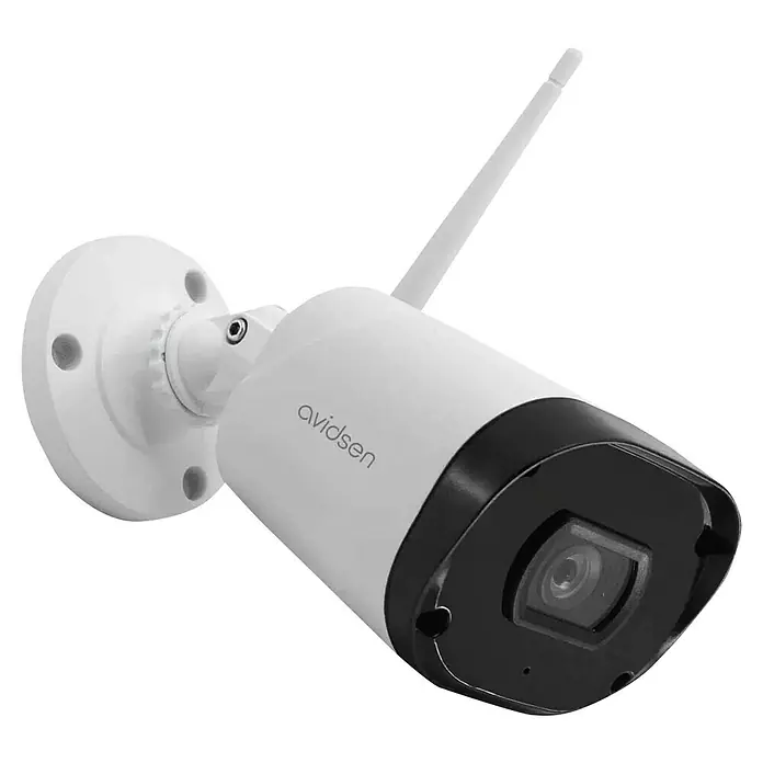 Avidsen Überwachungskamera HomeCam WR WLAN-IP - Erfassungswinkel: 68 °, Erfassungsreichweite: 25 m - Nahaufnahme einer Avidsen Überwachungskamera in Weiß mit Antenne für den Außenbereich, die Sicherheit bietet.