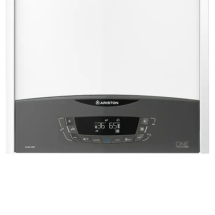 Ariston Caldera de gas Clas One Wifi 24FF con instalación incluida - 21 W, Display LC - Primer plano de un sistema de calefacción Ariston Clas One con pantalla digital, que combina confort y eficiencia.