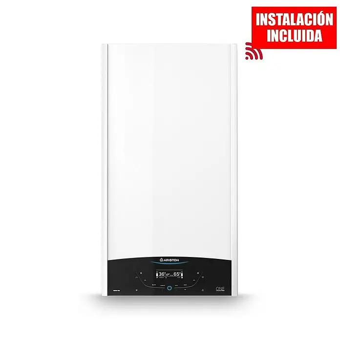 Ariston Caldera de gas Genus One Wifi 24FF con instalación incluida - 22 kW, Display LC - Elegante caldera de gas Ariston en blanco, con instalación incluida. Ideal para calefacción y agua caliente eficientes.