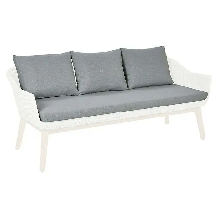 Sunfun Ersatzkissen - Passend für: Sunfun Paula Gartenbank - Ein stilvolles Outdoor-Sofa mit hellem Rattangeflecht und grauen Polstern, perfekt für entspannte Stunden im Freien.