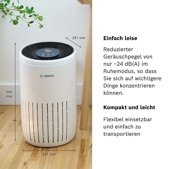 Bosch Luftreiniger Air 4000i - Raumgröße: 62,5 m², 29,1 x 50 cm, Smart Home-fähig: Ja - Abbildung eines Bosch Luftreinigers mit den Maßen 500 x 291 mm und dem Hinweis auf seinen leisen Betrieb und kompakte Bauweise.