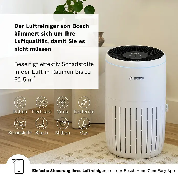 Bosch Luftreiniger Air 4000i - Raumgröße: 62,5 m², 29,1 x 50 cm, Smart Home-fähig: Ja - Der Bosch Luftreiniger sorgt für saubere Luft bis 62,5 m² und filtert Pollen, Tierhaare, Viren und Bakterien. Steuern Sie ihn einfach per App!