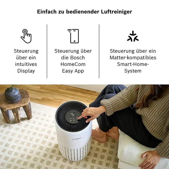 Bosch Luftreiniger Air 4000i - Raumgröße: 62,5 m², 29,1 x 50 cm, Smart Home-fähig: Ja - Luftreiniger von Bosch mit einfacher Bedienung über Display, App oder Smart-Home-System für ein sauberes Zuhause.