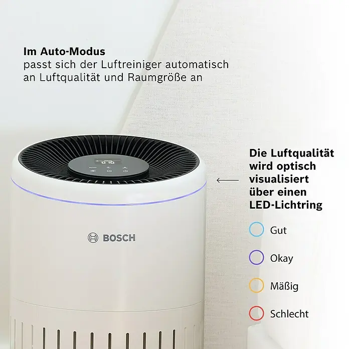 Bosch Luftreiniger Air 4000 - Raumgröße: 62,5 m², 29,1 x 50 cm - Bild eines Bosch Luftreinigers, der im Auto-Modus die Luftqualität optisch durch einen LED-Ring anzeigt.