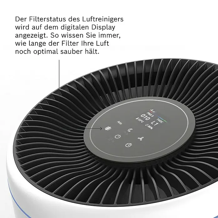 Bosch Ersatzfilter Air 4000 - Passend für: Luftreiniger Air 4000 und Air 4000i - Nahaufnahme eines Luftreinigers mit digitalem Display, das den Filterstatus anzeigt.