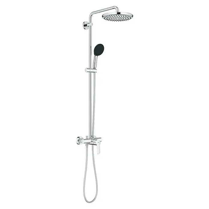 Grohe Vitalio Start Duschsystem 250 - Höhe: 112 cm, Lochabstand: 101 cm, Anzahl Strahlarten: 2 Stk., Chrom - Bild einer Grohe Duschgarnitur mit Kopf- und Handbrause, glänzender Chromoberfläche und präziser Temperaturregelung für ein entspannendes Duscherlebnis.